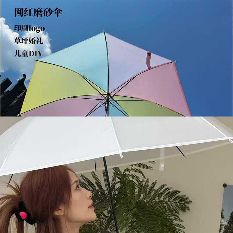 Rain Flower Transparent Disposable Umbrella Long Handle Automatic Plastic White High-Looking Umbrella - Image 4